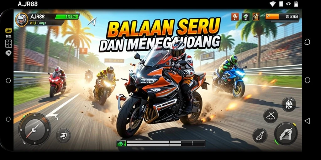 Screenshot gameplay AJR88 menunjukkan balapan motor yang seru dan penuh aksi.