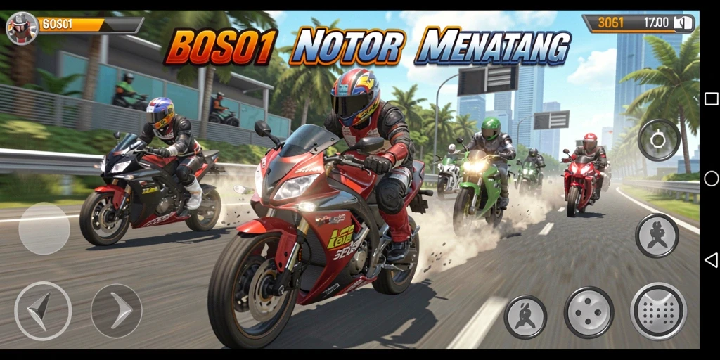 Tangkapan layar gameplay BOS01 yang menunjukkan aksi balapan motor yang mendebarkan.