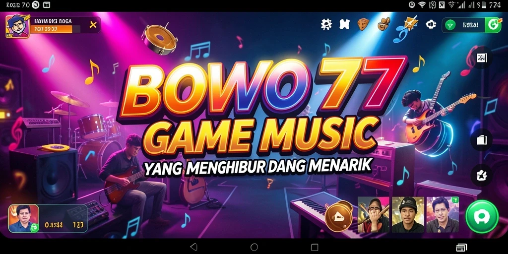 Tampilan gameplay BOWO77 dengan berbagai alat musik dan lagu.