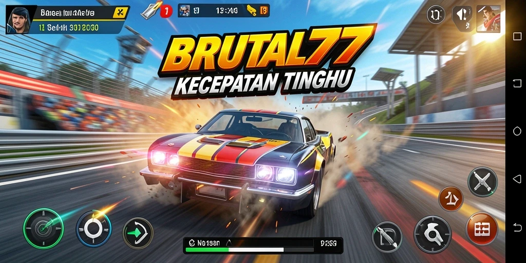 Gameplay BRUTAL77 yang mendebarkan saat balapan di lintasan cepat.