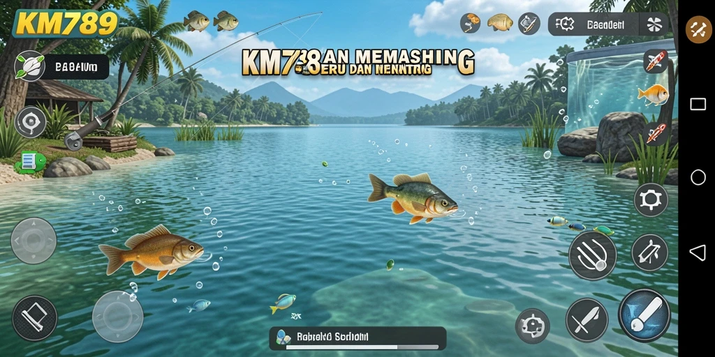 Tampilan gameplay KM789 dengan aksi memancing seru dan ikan yang menunggu untuk ditangkap.