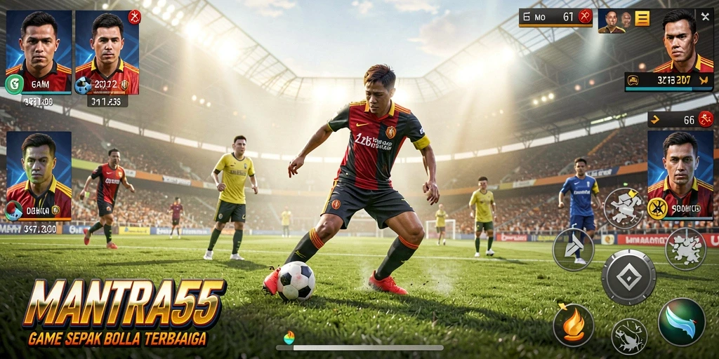 Screenshot utama MANTRA55 menunjukkan aksi seru dalam pertandingan sepak bola.