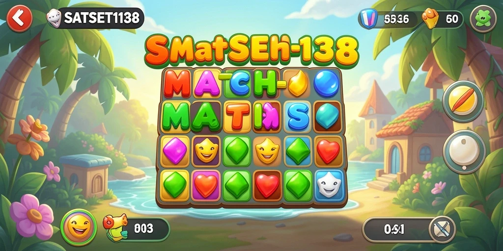 Screenshot gameplay SATSET138 menampilkan puzzle Match-3 yang menarik dengan banyak warna.