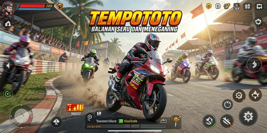 Gameplay seru TEMPOTOTO dengan aksi balapan motor mendebarkan.