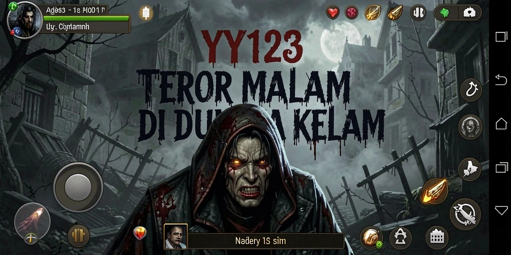 Screenshot utama YY123 menampilkan gameplay yang mencekam dengan suasana kegelapan.